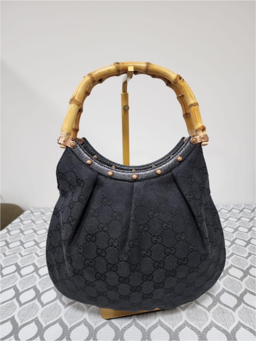 Authentic Gucci Bamboo Canvas Hobo Bag Black - Picture 1 of 9